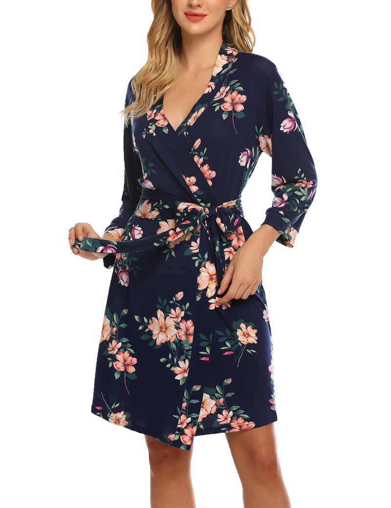 HOTOUCH Bathrobe for Women Short Knit Summer Knee Length Robes 3/4 Sleeve Robe Loungewear Navy Floral M - Image 1
